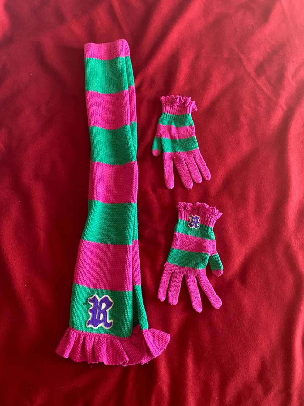 Ralph Lauren Pink and Green Striped Knit Scarf & Gloves Set, 80% Cotton 20% Wool